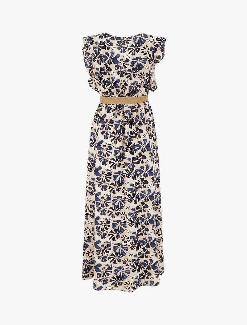 Langes Kleid mit stilisiertem Print und Wickelkragen - Marine