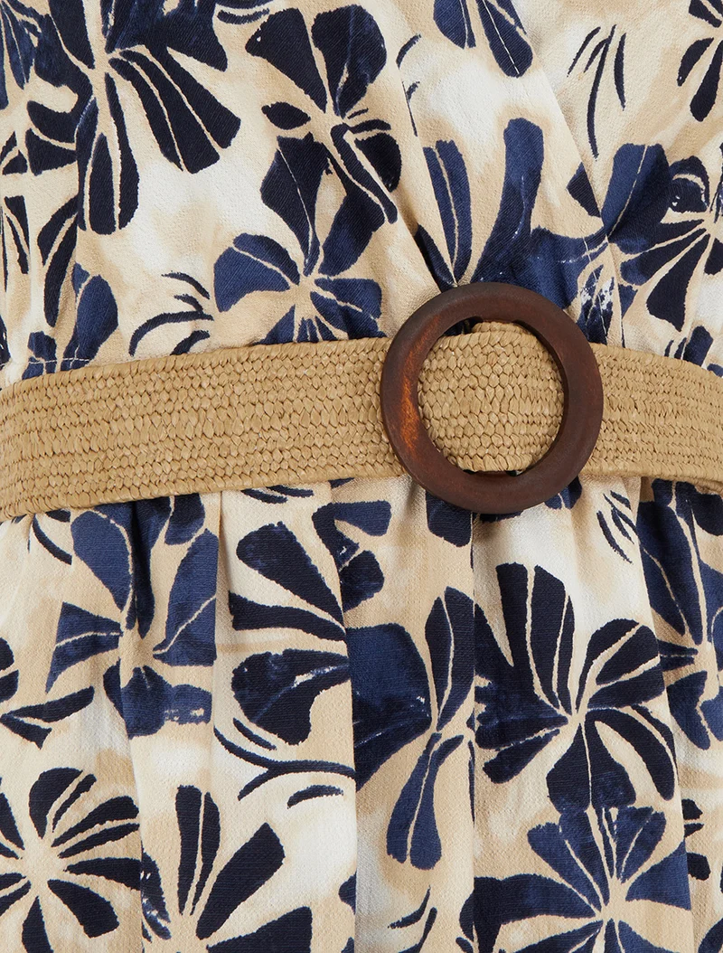 Langes Kleid mit stilisiertem Print und Wickelkragen - Marine
