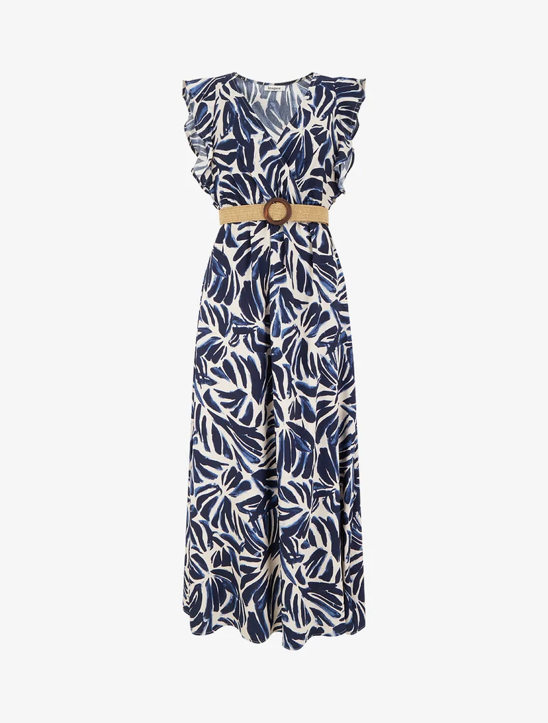 Langes Kleid mit Fantasiemuster und Wickelausschnitt - Marine