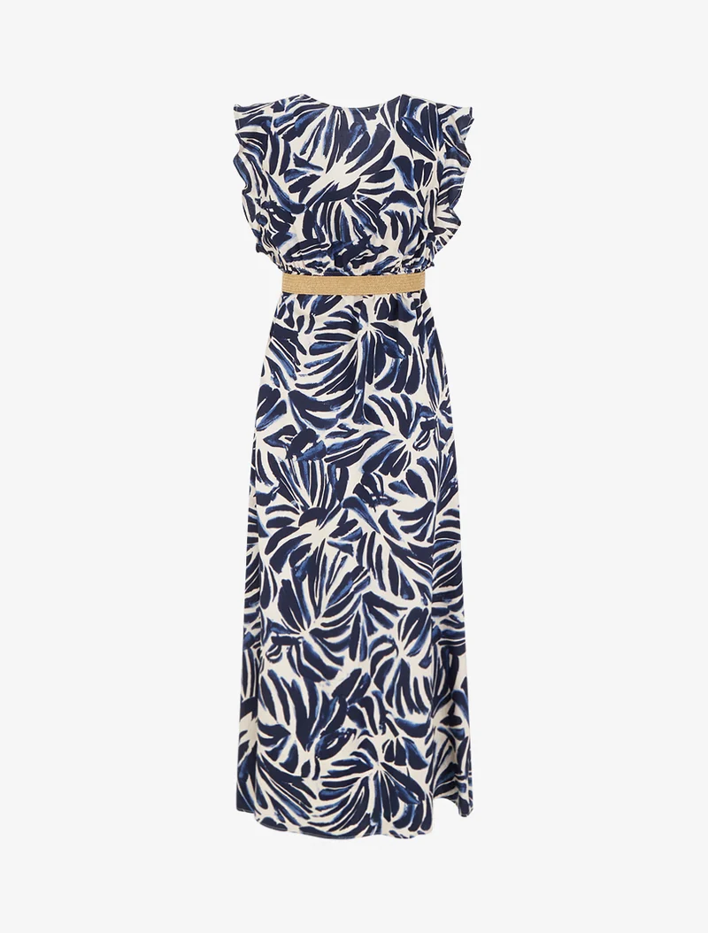 Langes Kleid mit Fantasiemuster und Wickelausschnitt - Marine