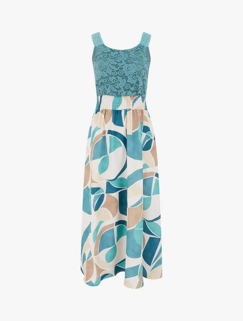 Kleid mit abstraktem Druck und Trägern aus Häkelarbeit - Türkis