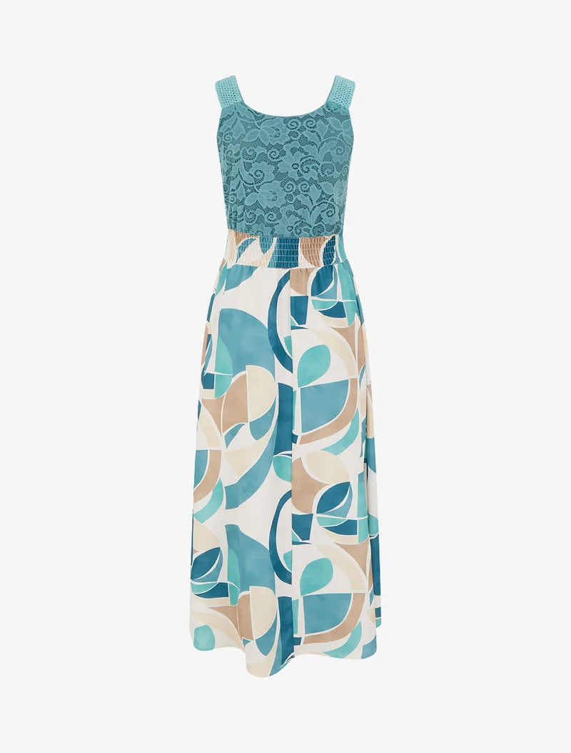 Kleid mit abstraktem Druck und Trägern aus Häkelarbeit - Türkis