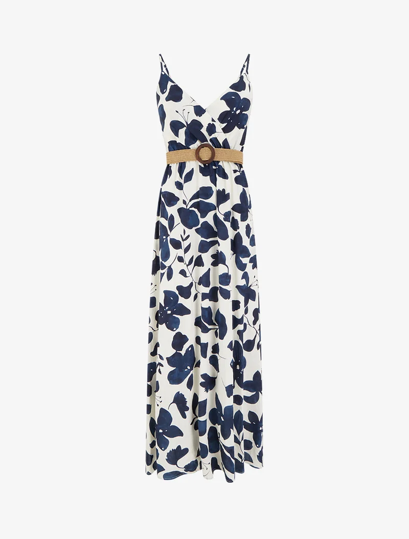 Langes, ausgestelltes Kleid mit großem Blumenmuster - Marine