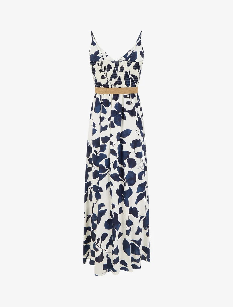 Langes, ausgestelltes Kleid mit großem Blumenmuster - Marine