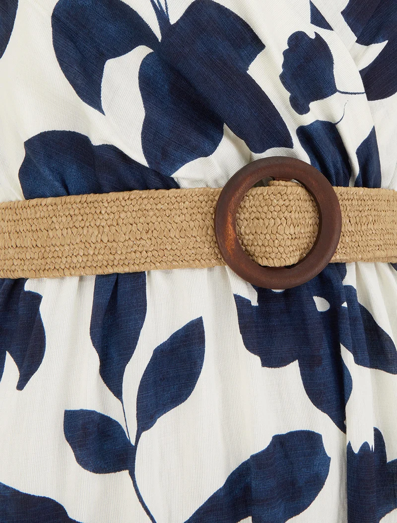 Langes, ausgestelltes Kleid mit großem Blumenmuster - Marine
