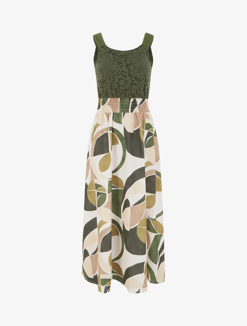 Kleid mit abstraktem Druck und Trägern aus Häkelarbeit - Kaki