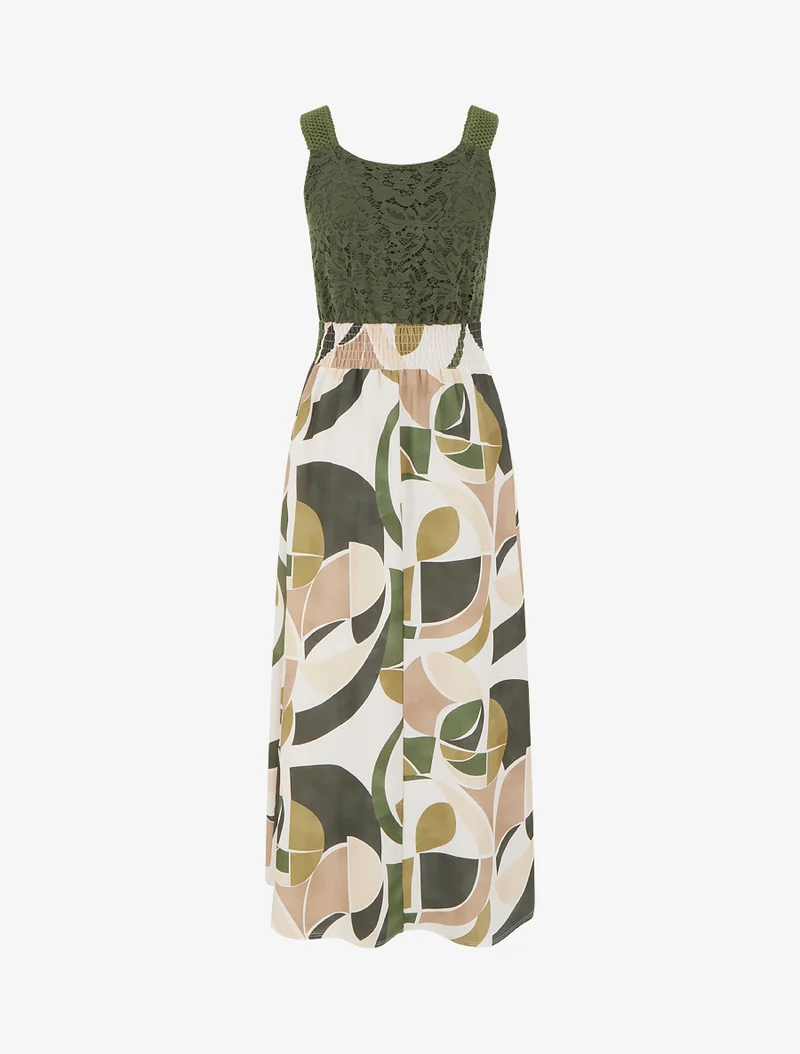 Kleid mit abstraktem Druck und Trägern aus Häkelarbeit - Kaki