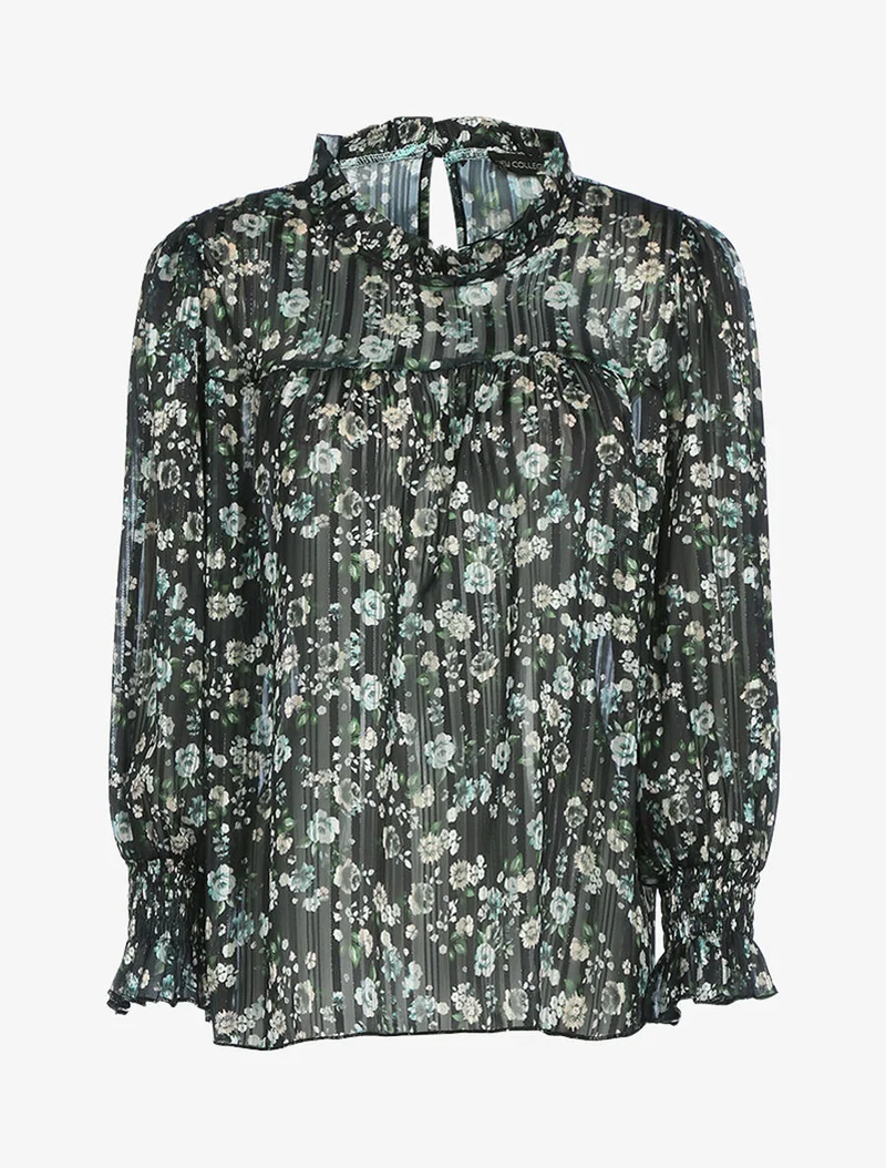Geblümte Bluse mit Rüschenausschnitt - Schwarz