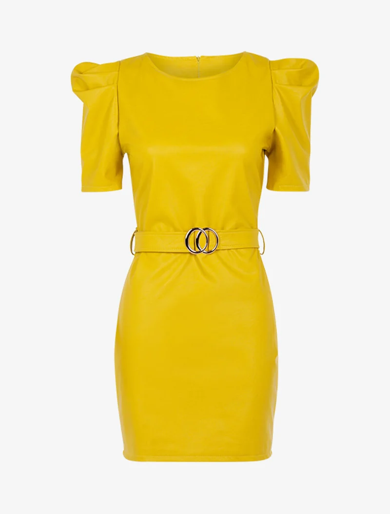 Kleid aus Kunstleder mit Puffärmeln - Gelb
