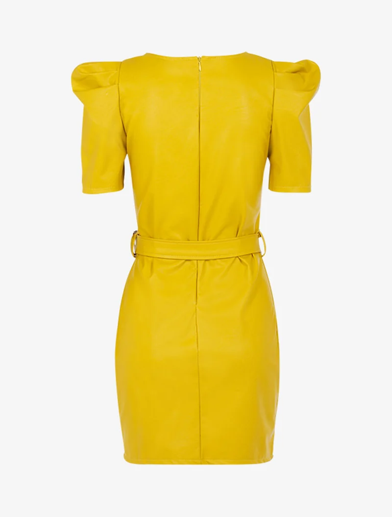 Kleid aus Kunstleder mit Puffärmeln - Gelb