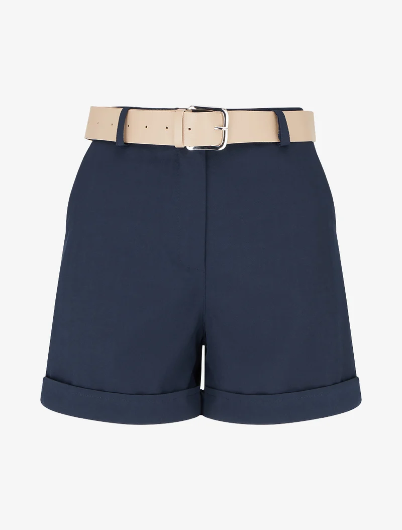 Gürtelte einfarbige Shorts mit Saum - Marine