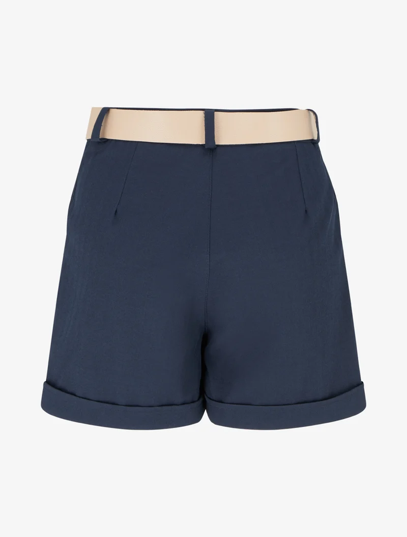 Gürtelte einfarbige Shorts mit Saum - Marine