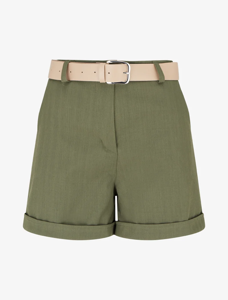 Gürtelte einfarbige Shorts mit Saum - Kaki