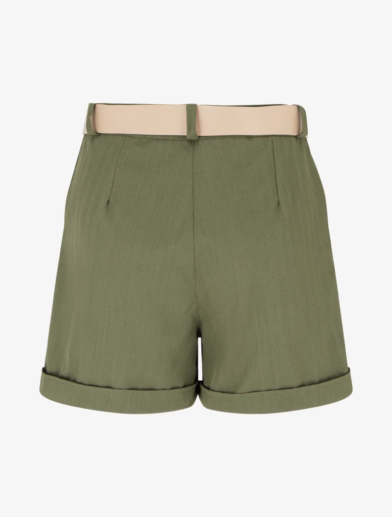 Gürtelte einfarbige Shorts mit Saum - Kaki