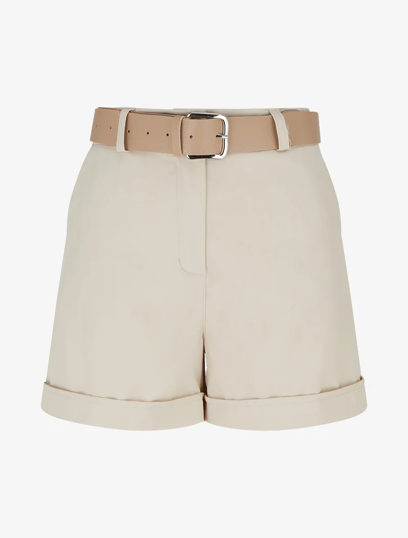Gürtelte einfarbige Shorts mit Saum - Beige