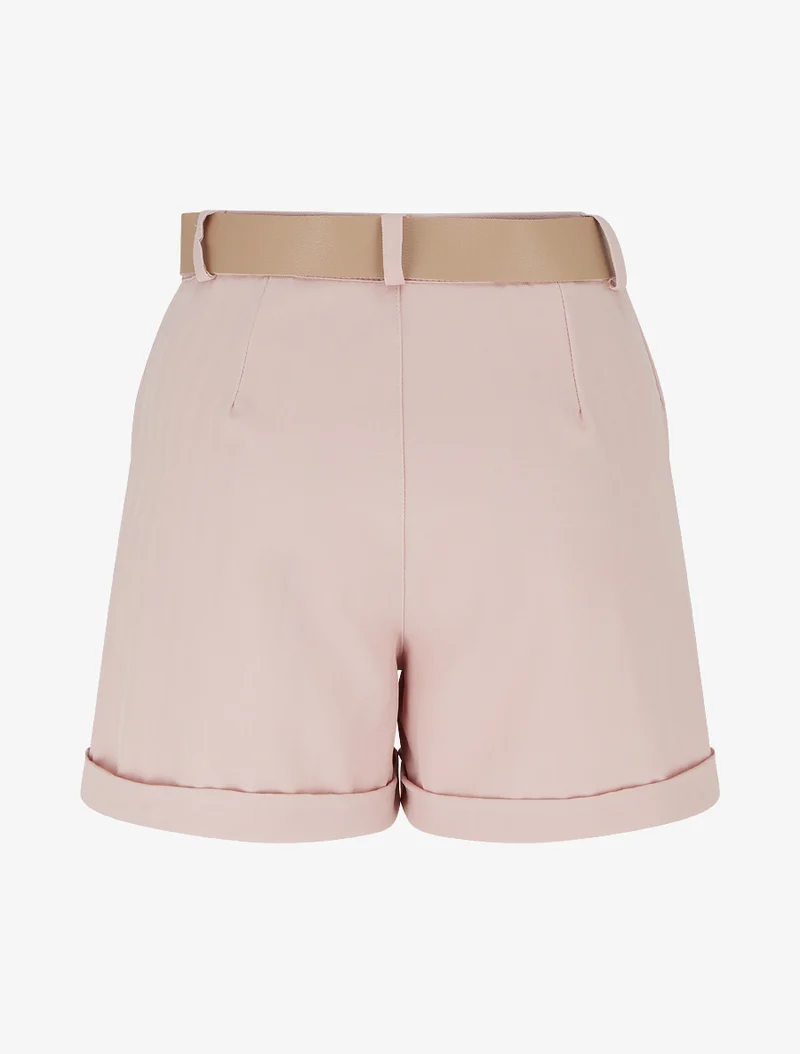 Gürtelte einfarbige Shorts mit Saum - Rose