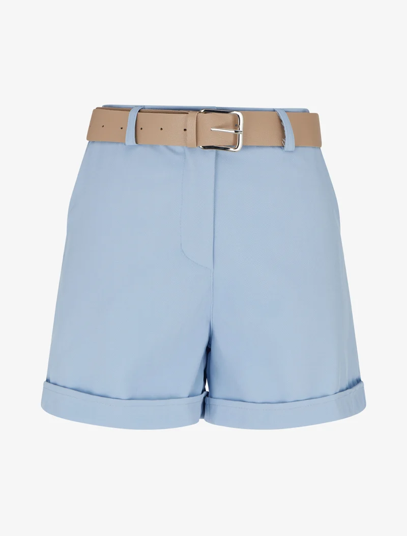 Gürtelte einfarbige Shorts mit Saum - Himmelblau