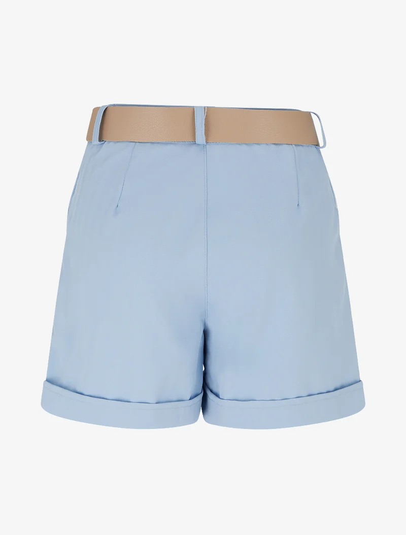 Gürtelte einfarbige Shorts mit Saum - Himmelblau