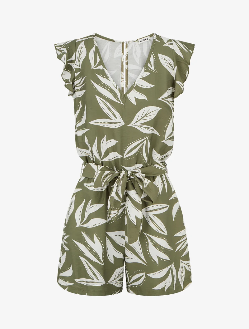 Bedruckter Kurzoverall mit Rüschenärmeln im Blätterdesign - Kaki
