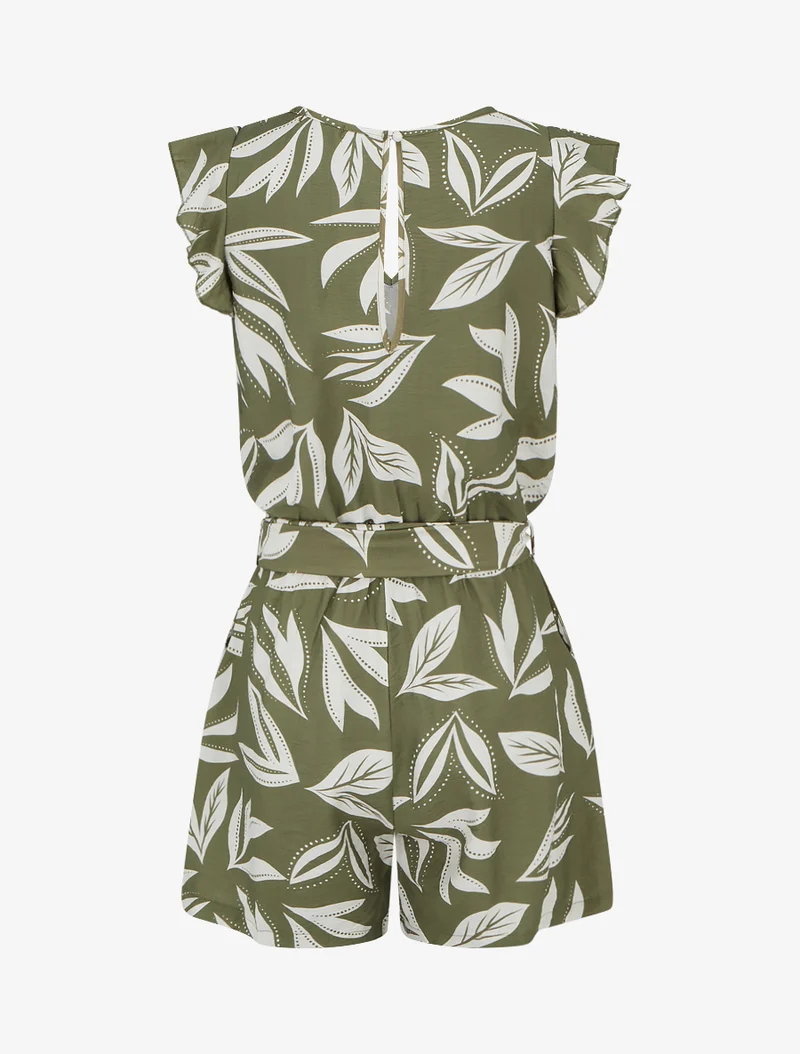 Bedruckter Kurzoverall mit Rüschenärmeln im Blätterdesign - Kaki