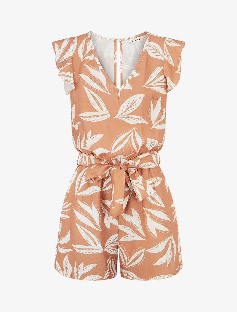 Bedruckter Kurzoverall mit Rüschenärmeln im Blätterdesign - Kamel