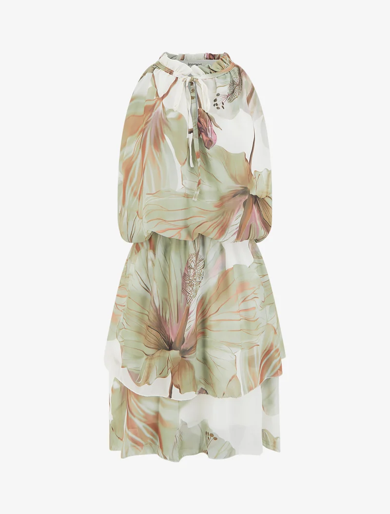 Kleid mit Blumenmuster und elastischer Taille - Kaki