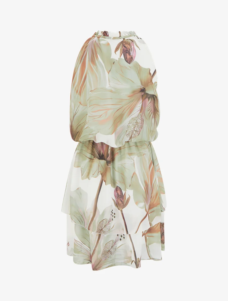 Kleid mit Blumenmuster und elastischer Taille - Kaki