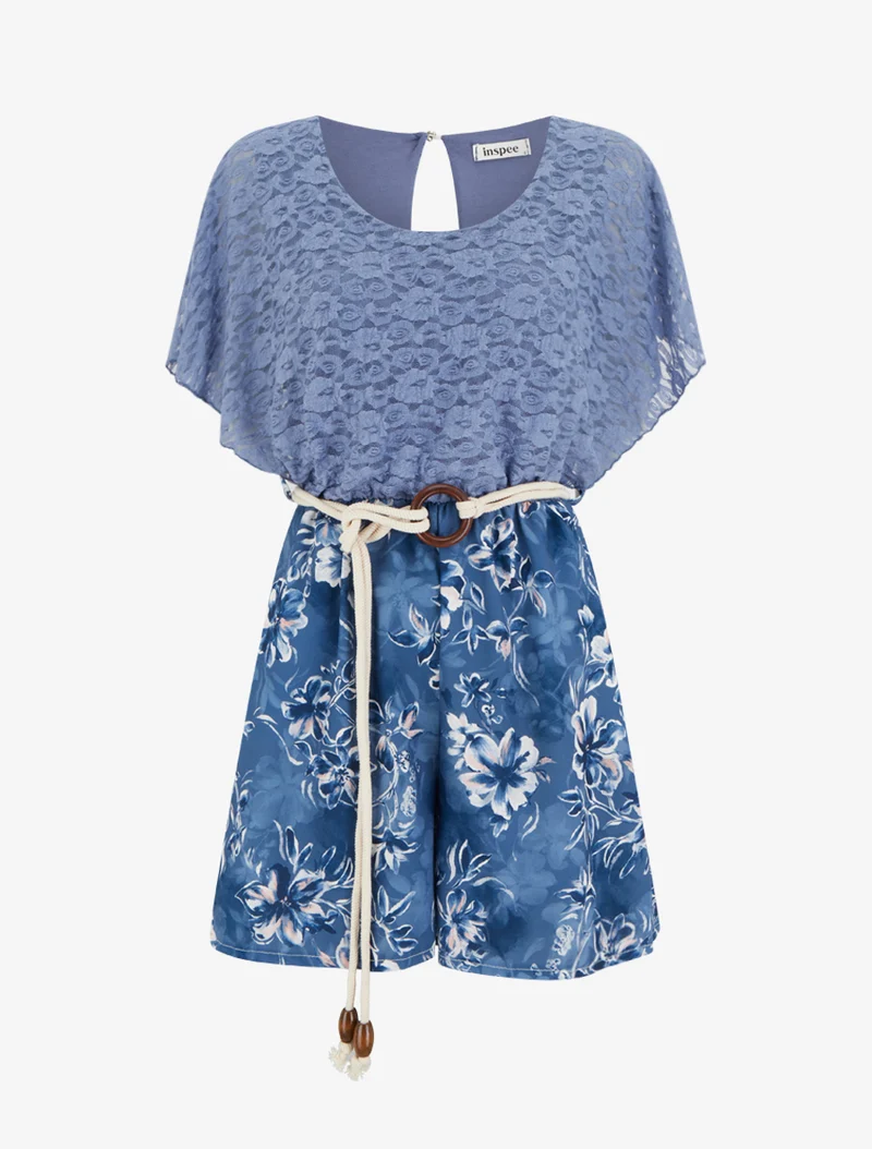 Gespielter Blumen-Jumpsuit mit Spitzeneinsatz am Oberteil - Blau