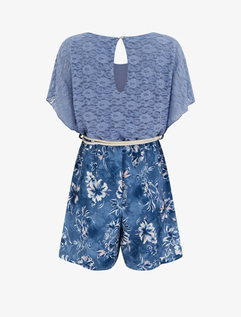 Gespielter Blumen-Jumpsuit mit Spitzeneinsatz am Oberteil - Blau