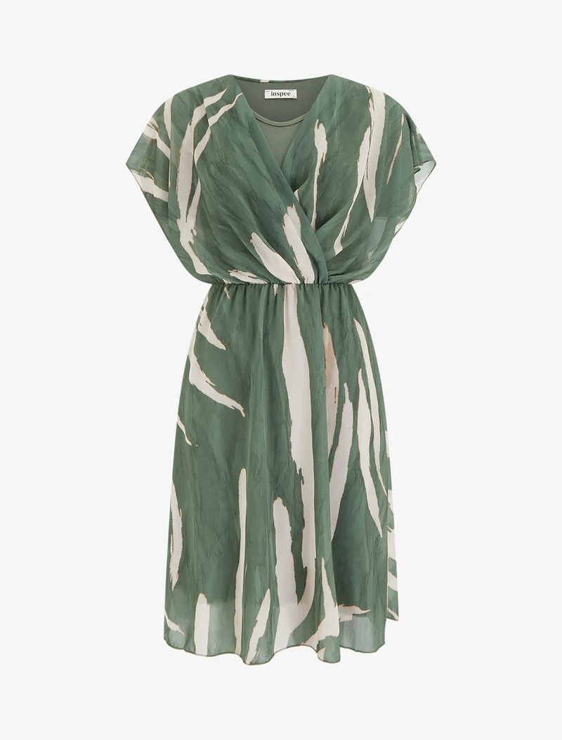 Grafisches Wickelkleid mit V-Ausschnitt - Kaki