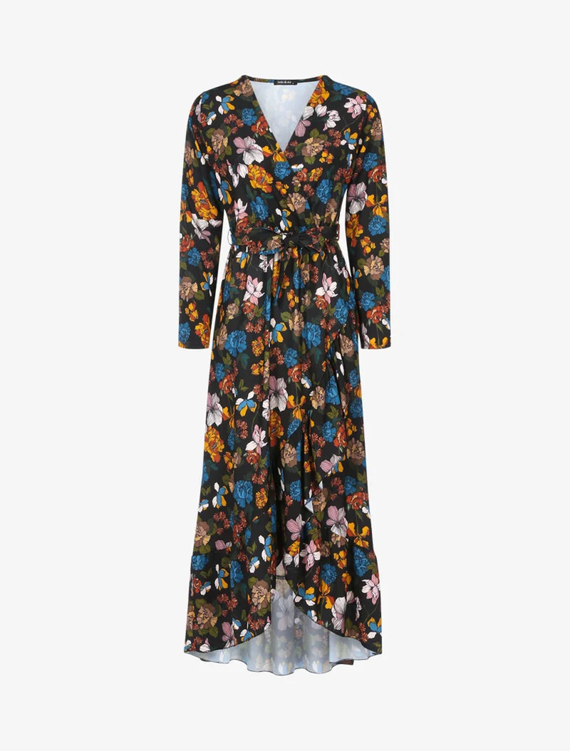 Herbstblumen bedrucktes Rüschenkleid - Schwarz