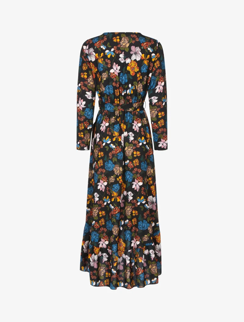 Herbstblumen bedrucktes Rüschenkleid - Schwarz