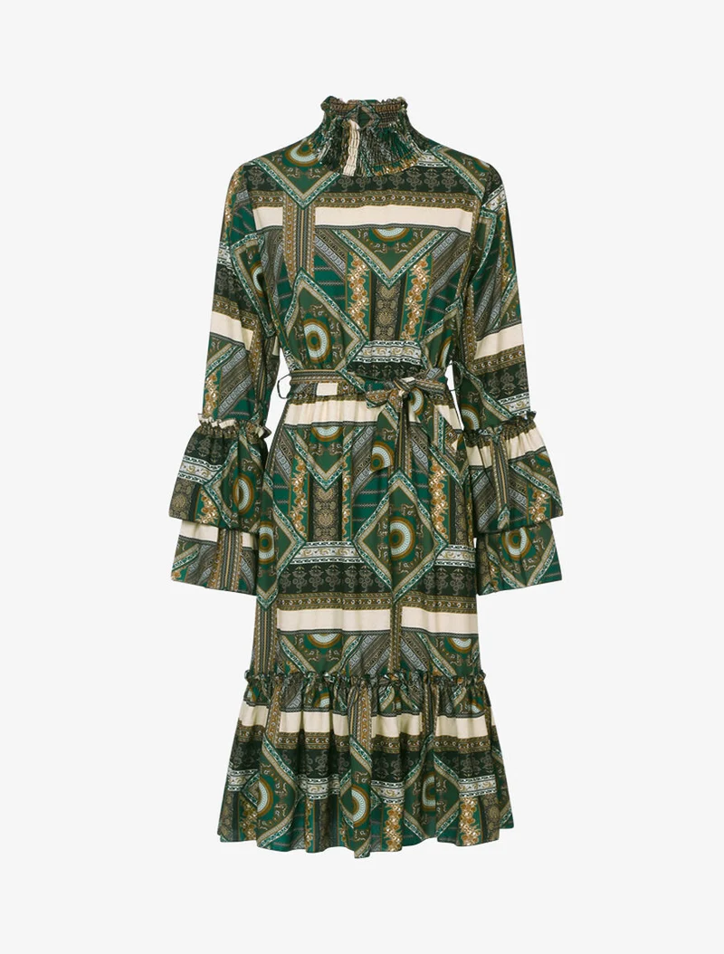 Rüschenkleid mit Stehkragen - Dunkelgrün