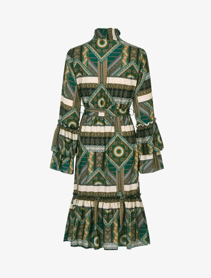 Rüschenkleid mit Stehkragen - Dunkelgrün