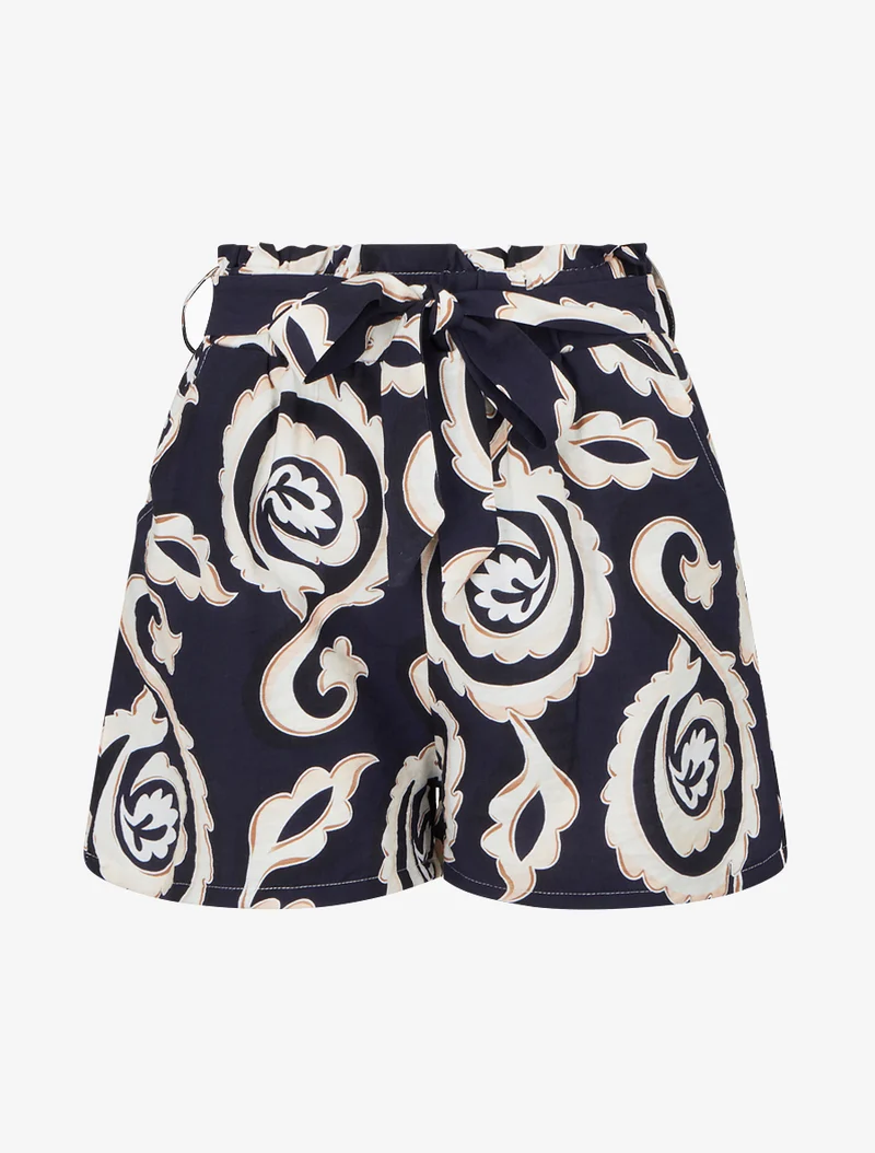 Elastische Shorts mit arabeskem Druckmuster. - Marine