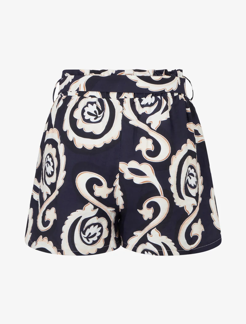 Elastische Shorts mit arabeskem Druckmuster. - Marine