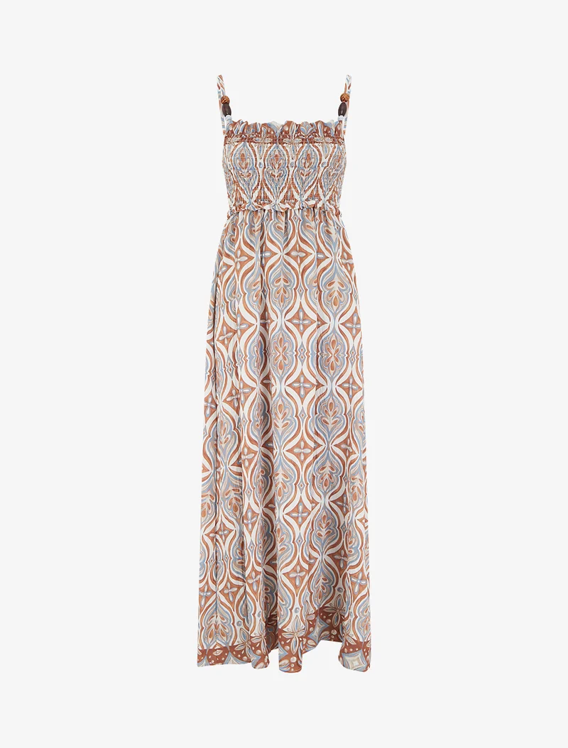 Langes Kleid mit Perlenriemchen und Fantasiemuster - Beige