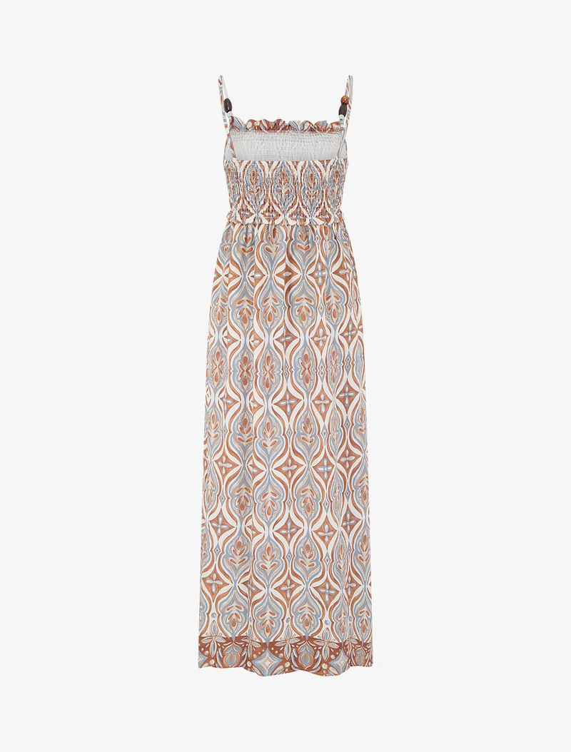 Langes Kleid mit Perlenriemchen und Fantasiemuster - Beige