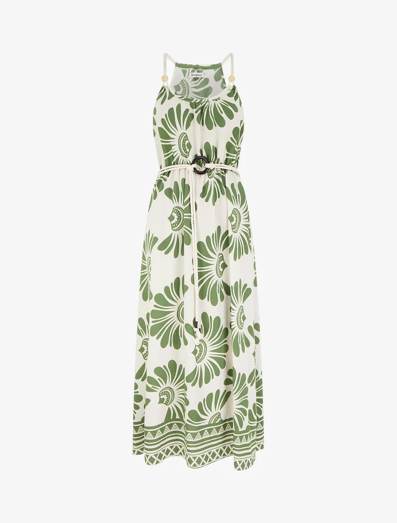 Kleid mit Fantasiedruck und Kordelträgern - Kaki