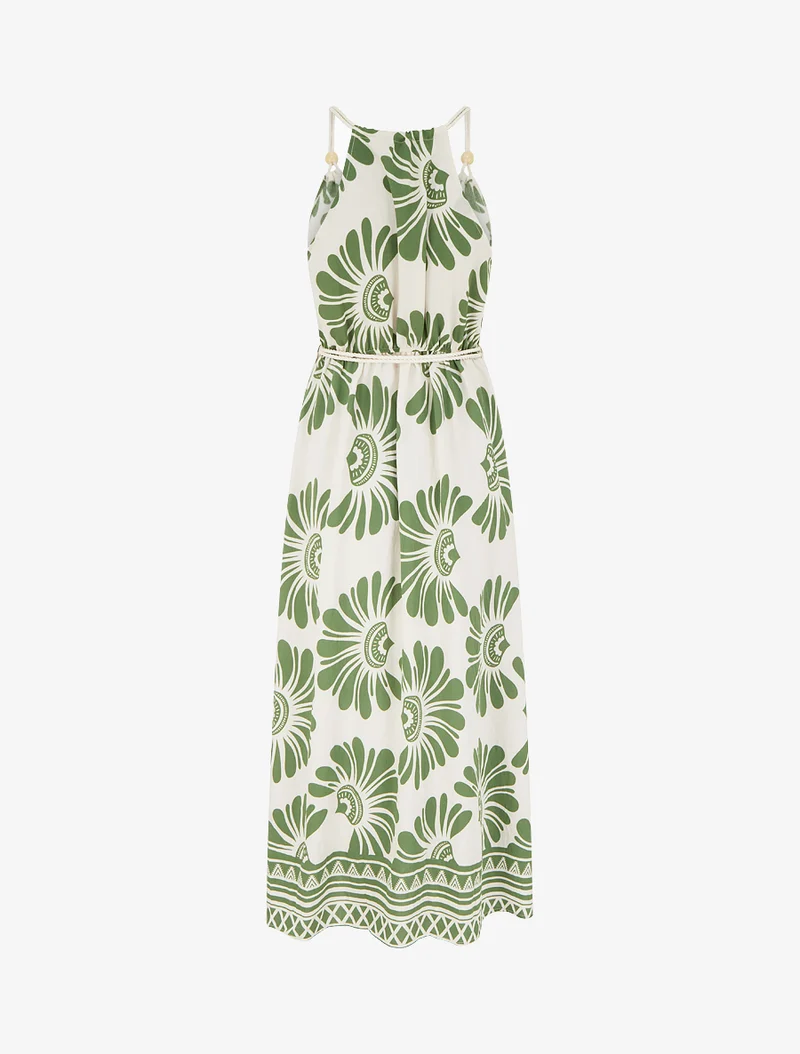Kleid mit Fantasiedruck und Kordelträgern - Kaki
