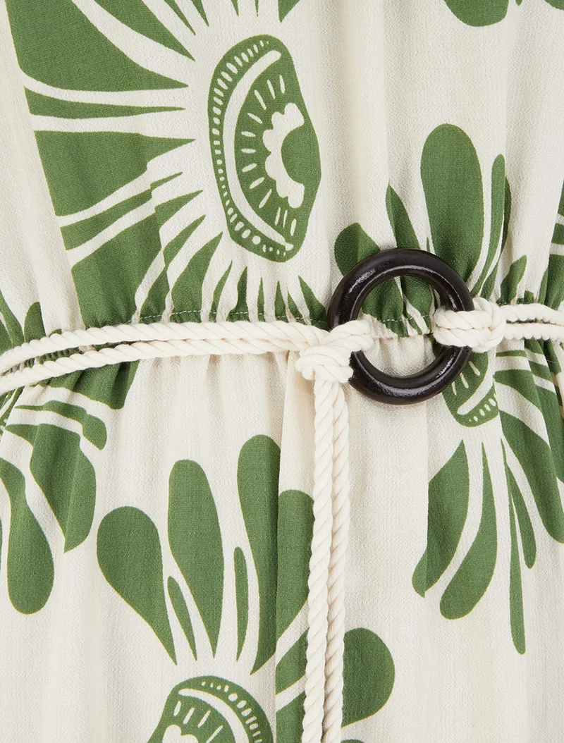 Kleid mit Fantasiedruck und Kordelträgern - Kaki