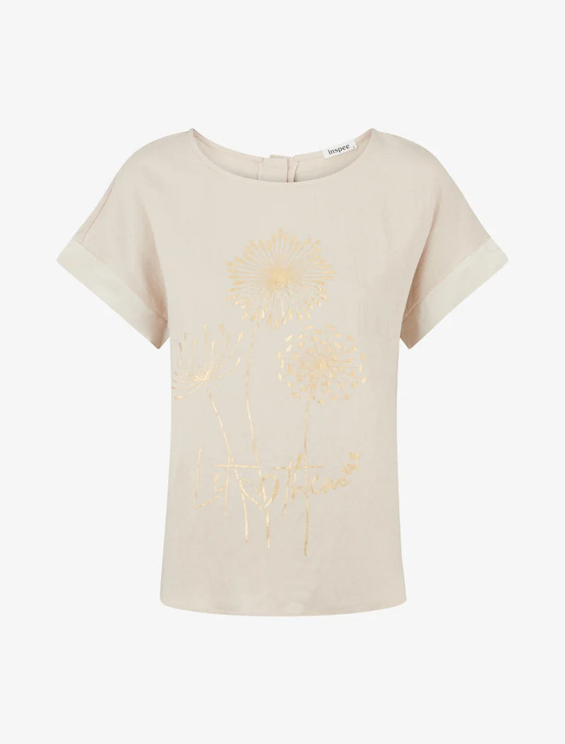 Kurzarm-Top mit Löwenzahn-Flockdruck und Schriftzug. - Beige