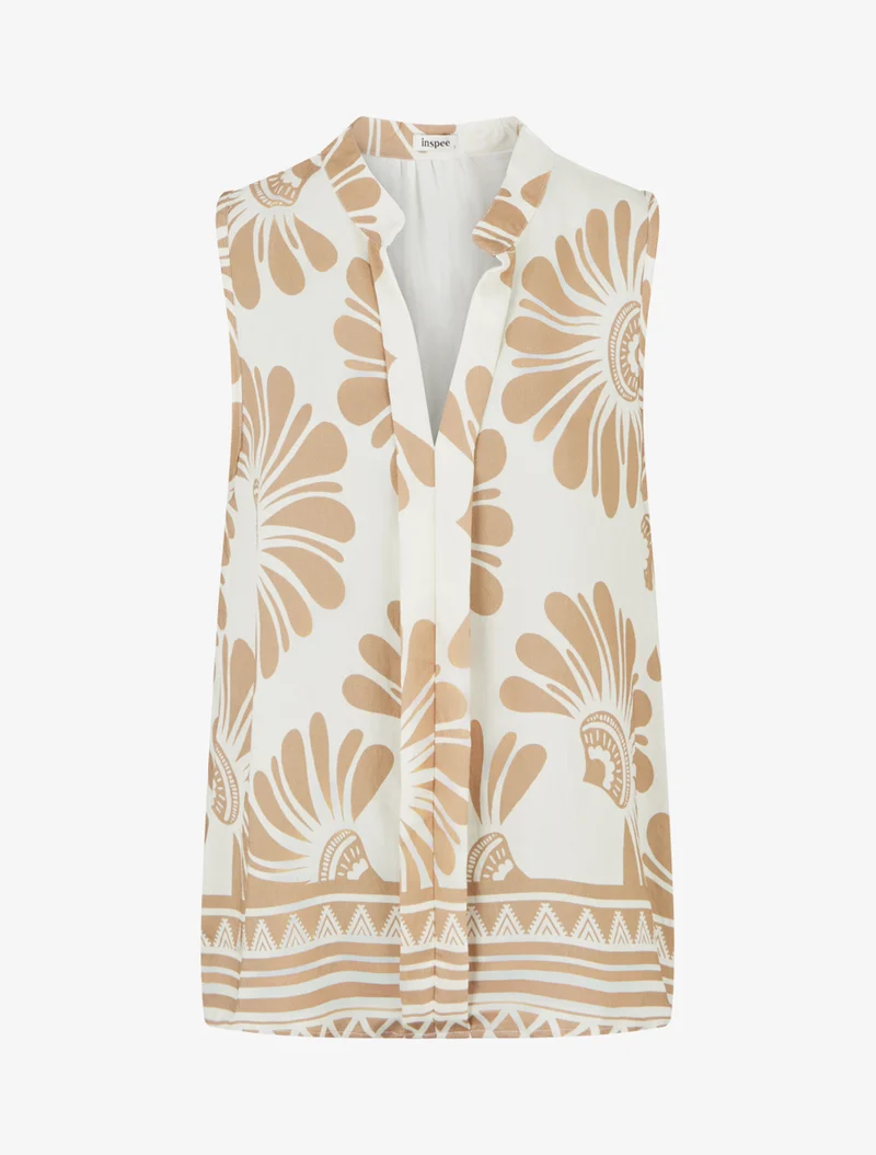 Ärmelloses Oberteil mit stilisierten Blumenmuster - Beige