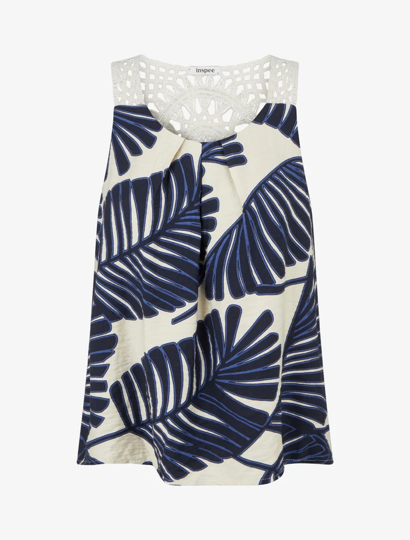 Palmblatt-Print-Top mit gehäkelten Trägern - Marine