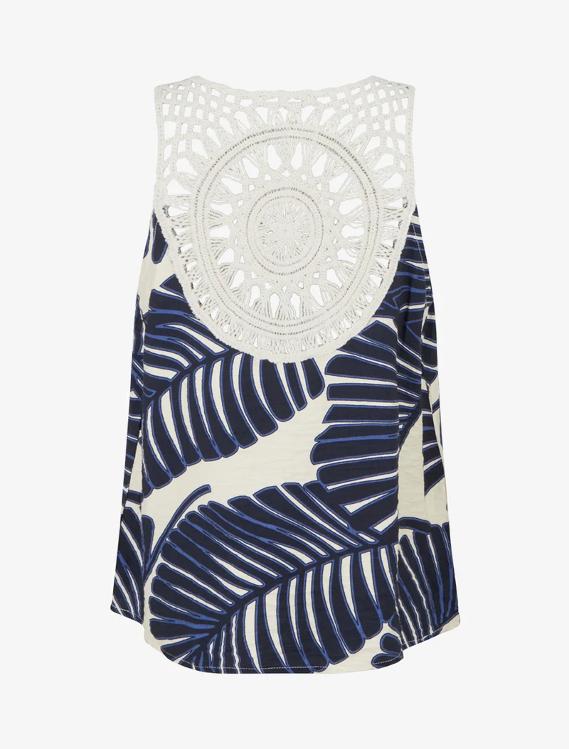 Palmblatt-Print-Top mit gehäkelten Trägern - Marine