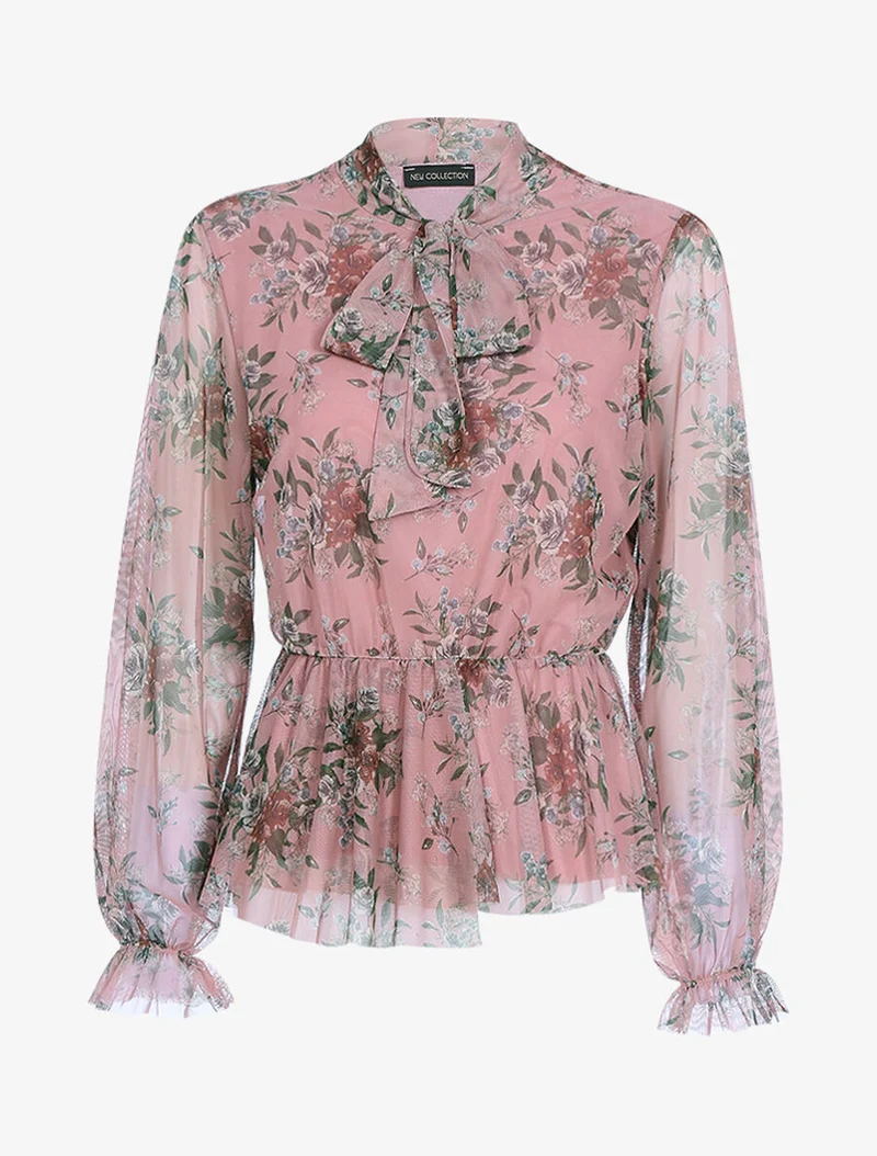 Bluse mit Schößchen und Lavallière-Kragen - Rose