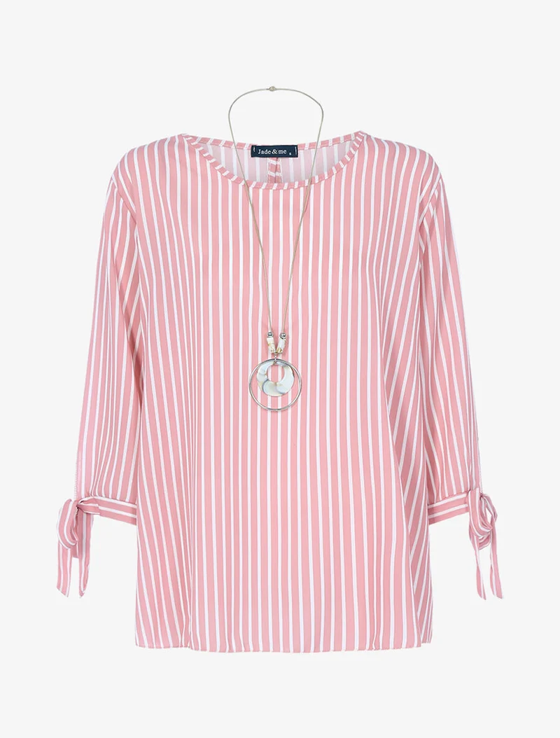 Gestreifte Bluse mit langer Halskette - Rosa/weiß