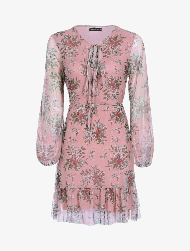 Kleid aus bedrucktem Voile mit elastischer Taille - Rose