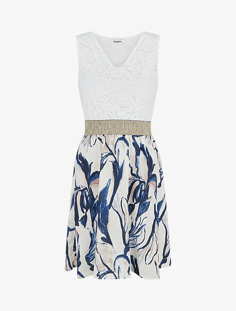 Midikleid mit Spitze und Fantasiemuster - Marine