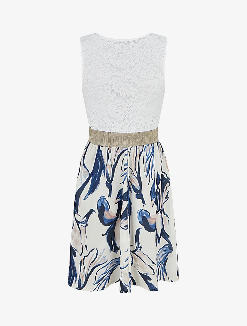 Midikleid mit Spitze und Fantasiemuster - Marine